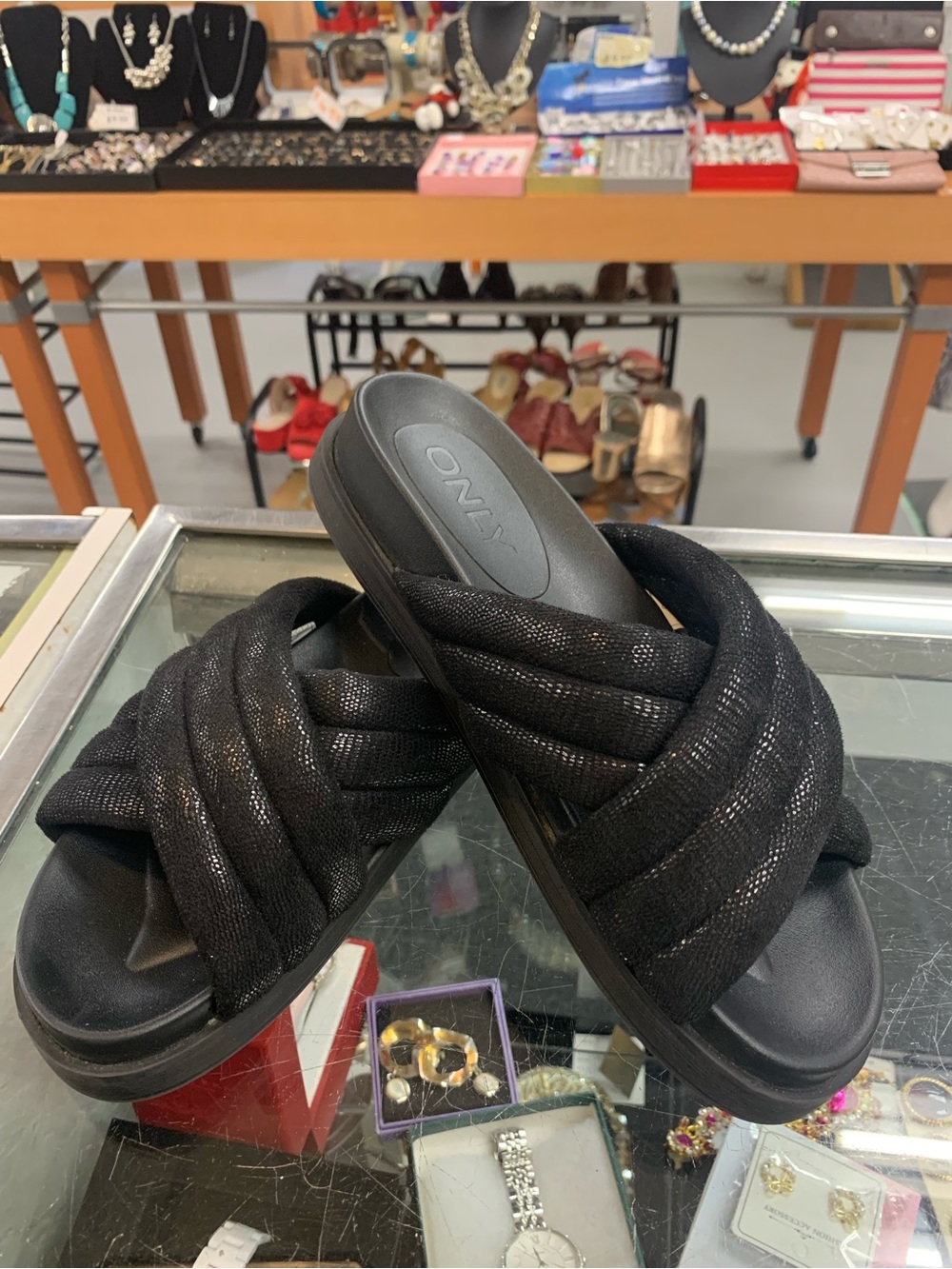 ONLY Black Quilted Crossover Slide Sandals